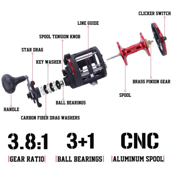 3.8:1 Trolling Reel Round Baitcasting Reel - Image 6