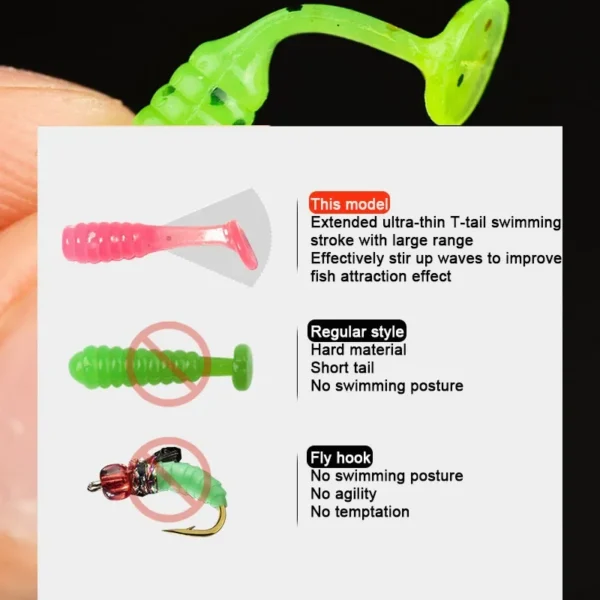 50PC/box Micro Soft Bait 1.5cm T-Tail Laser Wobblers Carp Fishing Lure Mini Silicone Artificial Swimbait with Fish Attractant - Image 5