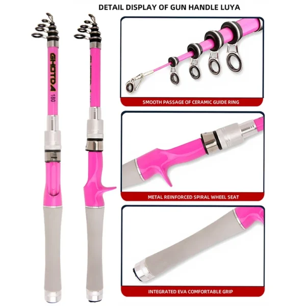 High Sensitivity Short Travel Telescopic Fishing Rods 1.5/1.8/2.1/2.4M Carbon Fiber Pink Spinning Casting Pole Lure Fishing Rod - Image 2
